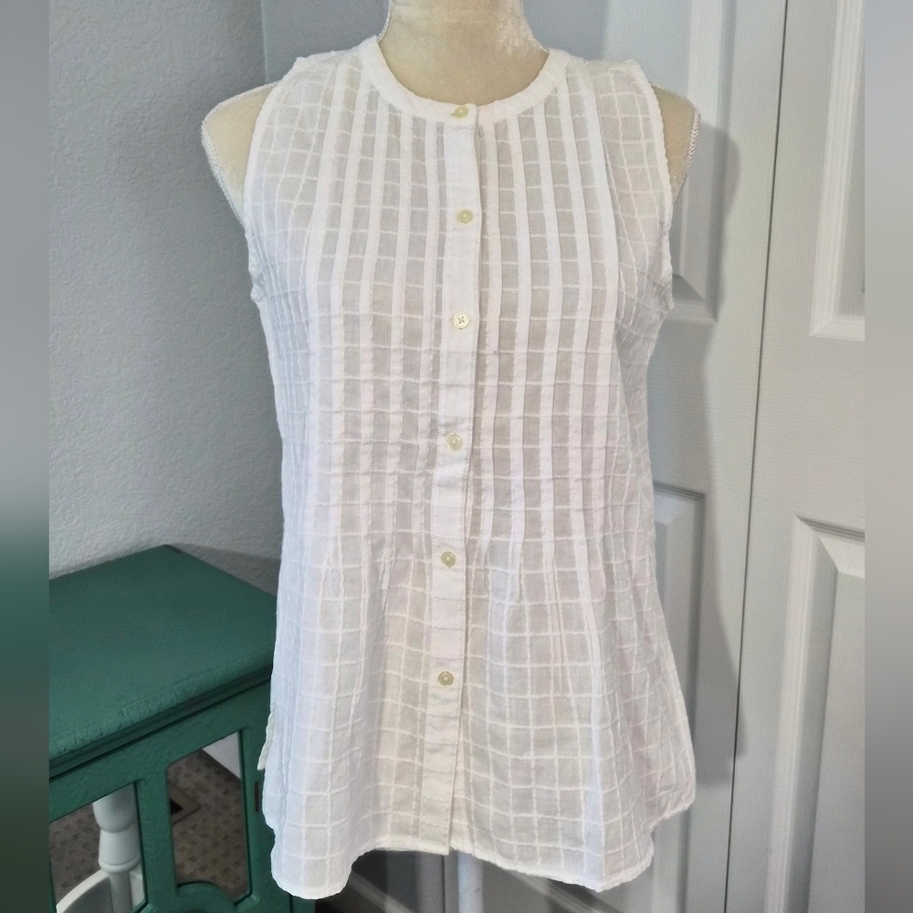 LOFT White Textured Grid Sleeveless Button Front Blouse XS NWT